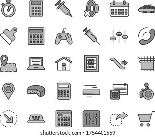 Thin line gray tint vector icon set - house vector, laptop, minus, silent mode, new abacus, calculation, putty knife, regulator, phone call, move right, bottom arrow, cheese, cloth industry, syringe