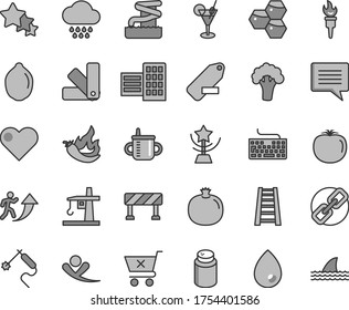 Thin line gray tint vector icon set - image of thought vector, keyboard, spectacles, remove label, mug for feeding, powder, cloud, color samples, stepladder, city block, traffic signal, heart, drop