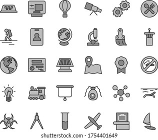 Thin line gray tint vector icon set - plastic brush vector, test tube, microscope, telescope, molecule, bulb, gears, bactery, biohazard, globe, drawing compass, medal, sun panel, presentation board