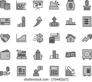 Thin line gray tint vector icon set - growth up vector, dollar, calculator, bar chart, graph, negative, new abacus, calculation, strongbox, coins, front of the bank card, article on, get a wage