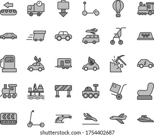Thin line gray tint vector icon set - Baby chair vector, sitting stroller, motor vehicle, toy train, Kick scooter, child, traffic signal, delivery, shipment, commercial seaport, coal mining, eco car