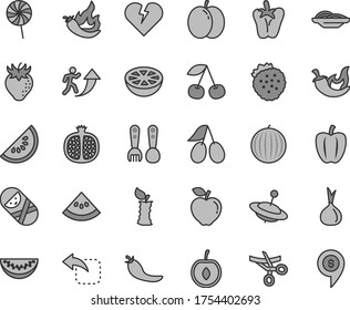 Thin line gray tint vector icon set - tumbler vector, plastic fork spoons, yule, broken heart, move left, slices of onion, chili, peper, lollipop, strawberries, cherry, apple, half pomegranate, red