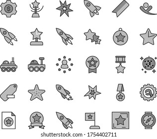 Thin line gray tint vector icon set - bookmark vector, remove label, star gear, rocket, space, lunar rover, bang, cup, reward, medal, flag, hero, ribbon, certificate, dollar, stars around man, three