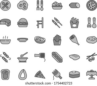 Thin line gray tint vector icon set - plates and spoons vector, a chair for feeding, plastic fork, iron, sausage, stick of, cheese, pizza, piece, Hot Dog, mini, burger, spaghetti, noodles, porridge