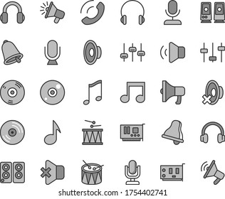 Thin line gray tint vector icon set - bell vector, desktop microphone, loudspeaker, silent mode, drumroll, drum, headphones, music, CD, volume, no sound, phone call, megaphone, pc card, speaker