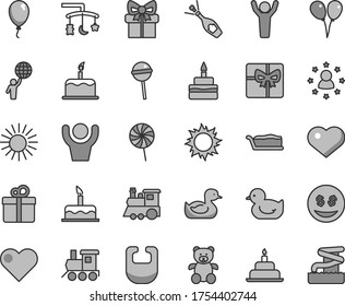 Thin line gray tint vector icon set - heart symbol vector, toys over the cradle, bib, rubber duck, baby duckling, teddy bear, toy train, children's, colored air balloons, balloon, cake, birthday