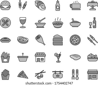 Thin line gray tint vector icon set - plates and spoons vector, iron fork, coffee, fried vegetables on sticks, pizza, piece of, big burger, cake, pie, a bowl rice porridge, in saucepan, bacon, chop