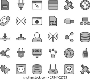 Thin line gray tint vector icon set - Puzzle vector, power socket type b, f, big data, plug, electric, SIM card, connection, connections, scheme, dispatcher, phone call, mobile, usb, router, network