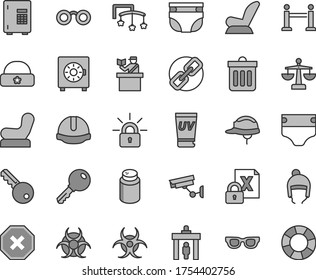 Thin line gray tint vector icon set - mark of injury vector, spectacles, scales, toys over the cot, diaper, nappy, powder, Baby chair, car child seat, winter hat, warm, construction helmet, dust bin