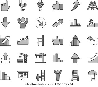 Thin line gray tint vector icon set - upward direction vector, downward, growth up, chart, positive histogram, a chair for feeding, crane, tower, hook, winch, stepladder, ladder, index finger, thumb