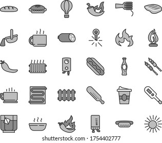 Thin line gray tint vector icon set - electronic thermometer vector e, mercury, heating coil, new radiator, boiler, coffee, sausage, loaf, Hot Dog, mini, noodles, pie, porridge, chop, barbecue, sun