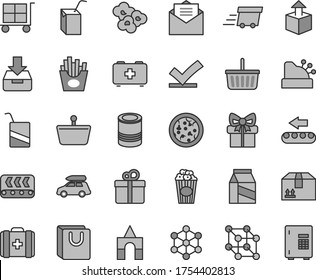 Thin line gray tint vector icon set - cargo trolley vector, grocery basket, bag of a paramedic, medical, e, packing juice with straw, box bricks, received letter, put in, handles, cardboard, gift