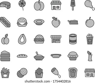 Thin line gray tint vector icon set - kiosk vector, stick of sausage, cheese, loaf, tin, Hot Dog, mini, big burger, cake, piece, slice, a bowl buckwheat porridge, plate milk, chicken leg, thigh, red