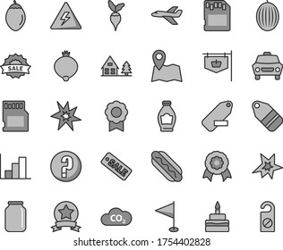 Thin line gray tint vector icon set - danger of electricity vector, remove label, pennant, negative histogram, question, car, Hot Dog, birthday cake, bottle, medlar, melon, tamarillo, radish, CO2