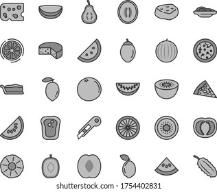 Thin line gray tint vector icon set - stationery knife vector, piece of cheese, pizza, slices onion, cake slice, meat, orange, sandwich, water melon, delicious plum, half peach, lemon, kiwi, coconut