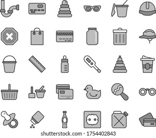 Thin line gray tint vector icon set - bin vector, mark of injury, yardstick, grocery basket, bank card, dummy, feeding bottle, baby powder, beanbag, electronic thermometer e, duckling, toy, sand set
