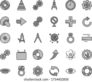 Thin line gray tint vector icon set - prohibition vector, right direction, renewal, plus, minus, clockwise, stacking toy, cogwheel, gear, eye, CD, porcini, plate, accumulator, gears, ring diagram