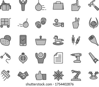 Thin line gray tint vector icon set - cargo trolley vector, scribbled paper, measuring cup for feeding, small rocking horse, shoes little children, big core, drill, hand saw, spatula, index finger