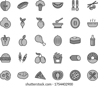 Graue dünne Linie, Vektorsymbol-Set - Messflasche zum Füttern von Vektorgrafiken, Platten und Löffeln, Eisengabel, Wurst, Pizza, Stück, Burger, glasierter Kuchen mit einem Loch, Fleisch