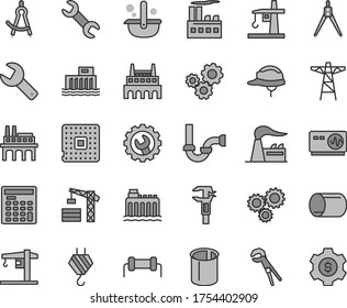 Thin line gray tint vector icon set - repair key vector, crane, tower, hook, adjustable wrench, sewerage, helmet, gear, factory, hydroelectric station, hydroelectricity, power pole, enterprise, pipe