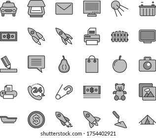 Thin line gray tint vector icon set - image of thought vector, monitor, open pin, bath, teddy bear, building trowel, drawing, fence, envelope, picture, camera, car, 24, artificial satellite, battery