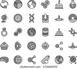 Thin line gray tint vector icon set - sign of the planet vector, renewal, loudspeaker, add label, download archive data, birthday cake, earth, cheese, tin, pizza, muffin, glazed with a hole, gears