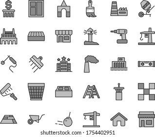 Thin Line Gray Tint Vector Icon Set - Wicker Pot Vector, Box Of Bricks, Crane, House, Building Trolley, Concrete Mixer, Window, Cordless Drill, Paint Roller, Wooden Brush, Ladder, Level, Tile, Brick