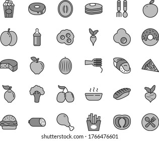 Thin line gray tint vector icon set - measuring bottle for feeding vector, iron fork spoons, sausage, cheese, piece of pizza, burger, noodles, cake with a hole, glazed, hot porridge, chicken leg