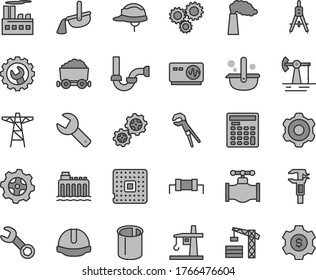 Thin line gray tint vector icon set - repair key vector, tower crane, cogwheel, adjustable wrench, sewerage, construction helmet, gear, working oil derrick, valve, manufacture, hydroelectricity