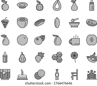 Thin line gray tint vector icon set - feeding bottle vector, measuring for, deep plate with a spoon, chair, cake, stick of sausage, milk, bacon, cabbage, lollipop, japanese sushi, cup tea, glass