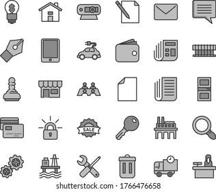 Thin line gray tint vector icon set - house vector, image of thought, clean sheet paper, small tools, interroom door, key, notes, delivery, cards, kiosk, sea port, industrial enterprise, gears, sale