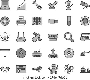 Thin line gray tint vector icon set - notebook pc vector, fan, web camera, router, cd, printer, speaker, lan connector, schedule clock, test tube, telescope, atom, zoom, satellite, robot, star cup