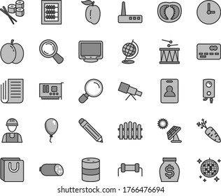 Thin line gray tint vector icon set - graphite pencil vector, new abacus, balloon, drumroll, builder, hedge, boiler, wall clock, magnifier, bag with handles, sausage, sushi set, apple, ripe plum, pc