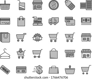 Thin line gray tint vector icon set - paper bag vector, grocery basket, bank card, dollar, e, city block, cart, put in, crossed, with handles, cards, kiosk, hanger, label, stall, shopping, cash