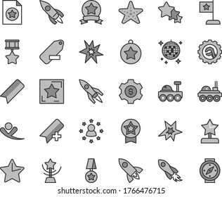 Thin line gray tint vector icon set - add bookmark vector, remove label, star gear, rocket, space, lunar rover, bang, cup, reward, medal, flag, hero, ribbon, certificate, dollar, stars around man