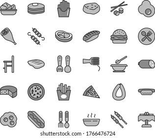 Thin line gray tint vector icon set - plates and spoons vector, a chair for feeding, plastic fork, iron, sausage, stick of, cheese, pizza, piece, Hot Dog, mini, burger, noodles, porridge, bacon, egg