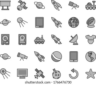 Thin line gray tint vector icon set - monitor vector, counterclockwise, t short, bath ball, artificial satellite, planet, Earth, billboard, rocket, space, tablet pc, hdd, telescope, antenna, saturn