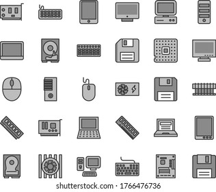Thin line gray tint vector icon set - floppy disk vector, laptop, monitor, keyboard, screen, processor, computer, tablet pc, notebook, radiator fan, mouse, power supply, tower, motherboard, memory
