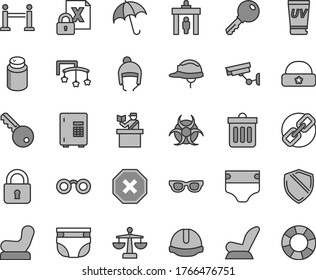 Thin line gray tint vector icon set - mark of injury vector, spectacles, scales, toys over the cot, diaper, nappy, powder, Baby chair, car child seat, winter hat, warm, construction helmet, dust bin