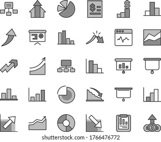 Thin line gray tint vector icon set - growth up vector, pie chart, bar, line, negative, histogram, positive, cardiogram, recession, a crisis, statistical report, scheme, hierarchical, ring diagram
