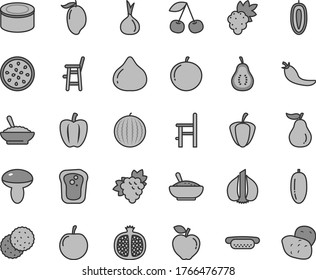 Thin line gray tint vector icon set - a chair for feeding vector, child, canned goods, mini hot dog, mushroom, bowl of buckwheat porridge, rice, biscuit, sandwich, cherry, half pomegranate, grape