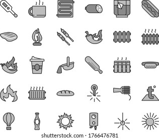 Thin line gray tint vector icon set - electronic thermometer vector e, mercury, heating coil, temperature, radiator, new, boiler, sausage, loaf, Hot Dog, mini, noodles, chop, barbecue, chili, pepper