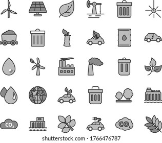 Thin line gray tint vector icon set - bin vector, dust, drop, apple stub, solar panel, working oil derrick, leaves, leaf, windmill, wind energy, manufacture, hydroelectric station, hydroelectricity