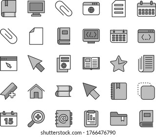 Thin line gray tint vector icon set - monitor window vector, clip, add bookmark, clean sheet of paper, zoom, folder, e, books, home, calendar, star, book, notebook, address, copy, statistical report