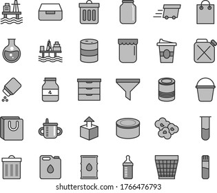 Thin line gray tint vector icon set - wicker pot vector, bin, storage unit, mug for feeding, measuring bottle, baby powder, bucket, dust, drawer, bag with handles, unpacking, canned goods, tin, jam