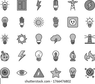 Thin line gray tint vector icon set - lightning vector, incandescent lamp, window, saving light bulb, power socket type b, star, eye, storm cloud, lens, pole, energy, mercury, lighthouse, flame, sun