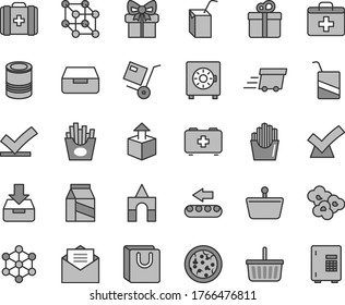 Thin line gray tint vector icon set - grocery basket vector, first aid kit, bag of a paramedic, medical, e, packing juice with straw, box bricks, received letter, put in, drawer, strongbox, handles