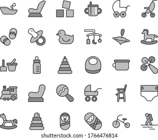 Thin line gray tint vector icon set - toys over the cradle vector, dummy, mug for feeding, bottle, diaper, baby bib, beanbag, rattle, chair, car child seat, stroller, carriage, summer, duckling, toy