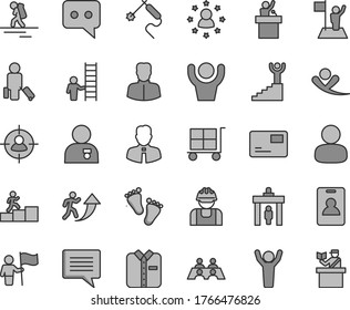 Thin line gray tint vector icon set - image of thought vector, cargo trolley, footprints, employee, pass card, folded shirt, builder, gas welding, woman, man, in sight, think, conversation, arrow up