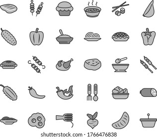 Thin line gray tint vector icon set - deep plate with a spoon vector, iron fork spoons, sausage, fried vegetables on sticks, onion, slices of, noodles, cake, pie, apple, bowl buckwheat porridge, red